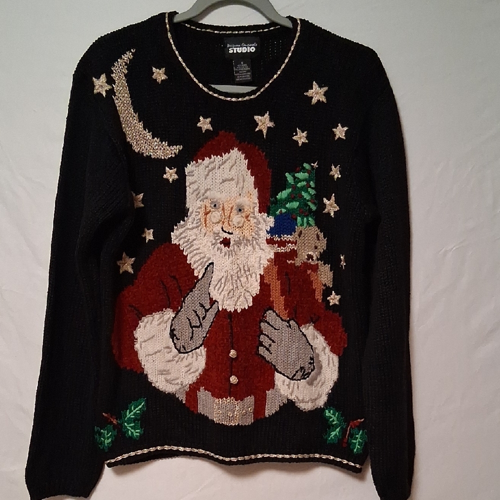 Studio Black Christmas Santa Sweater with Red and White Accents Size S